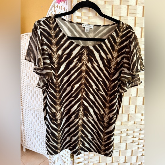 Calvin Klein Zebra Print Blouse - Dark Brown and White Size M - Picture 1 of 8